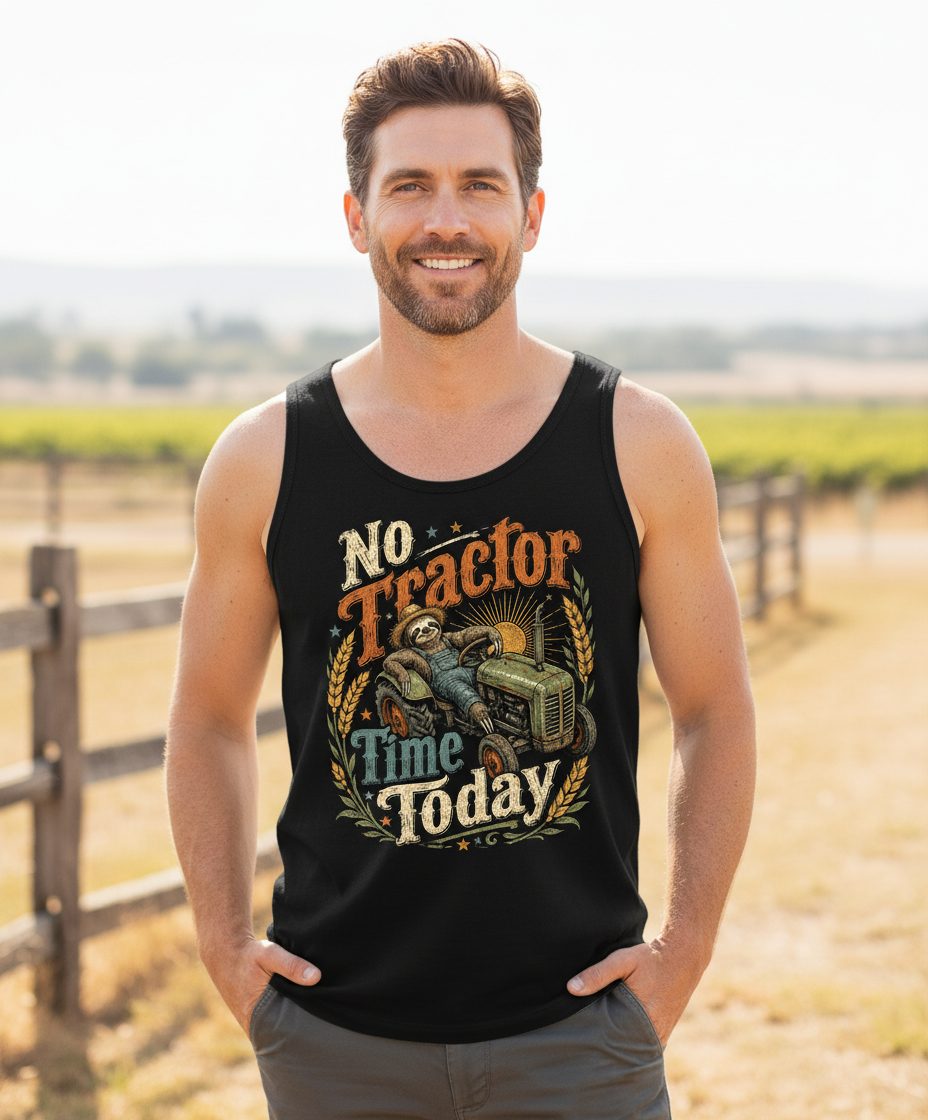 No Tractor Time Today Funny Sloth Tank Top - lifestyle model mockup - Black