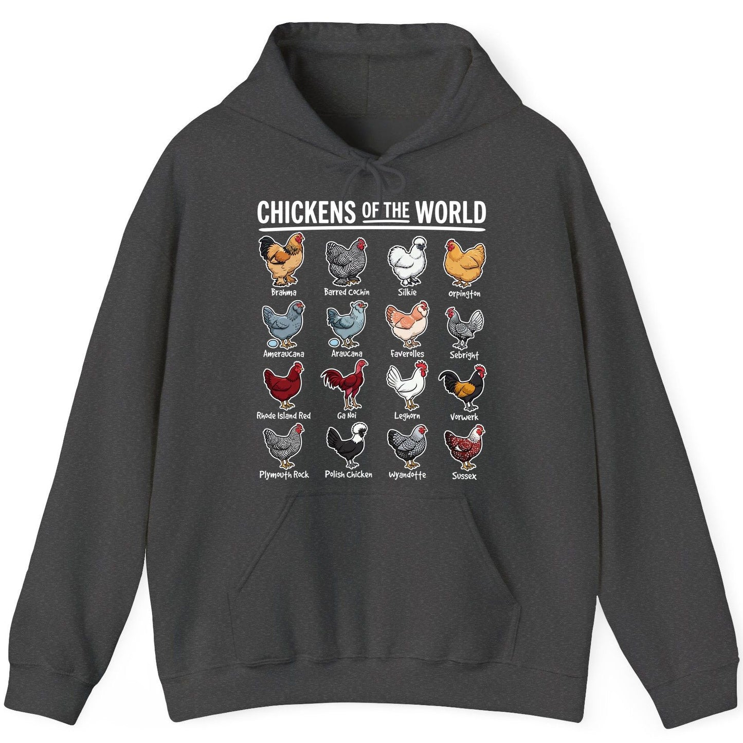 Chickens of the World chicken breeds Hoodie Dark Heather product mockup