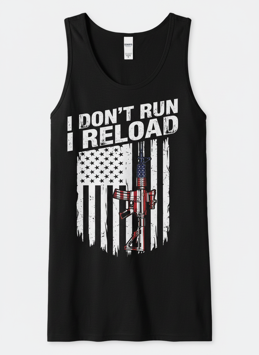 I Don't Run I Reload Patriotic American Flag Rifle Tank Top - Black