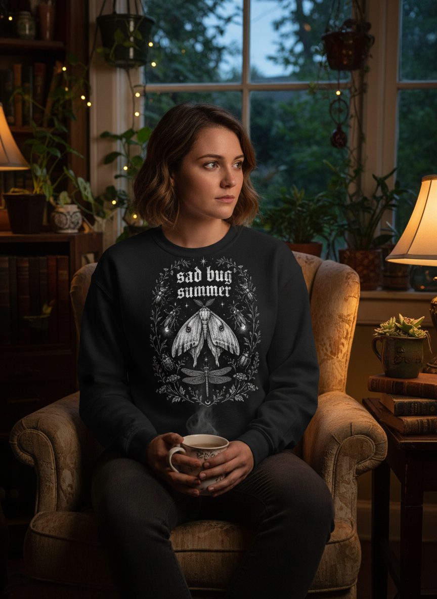 Sad Bug Summer Vintage Insects Sweatshirt - lifestyle model mockup - Black