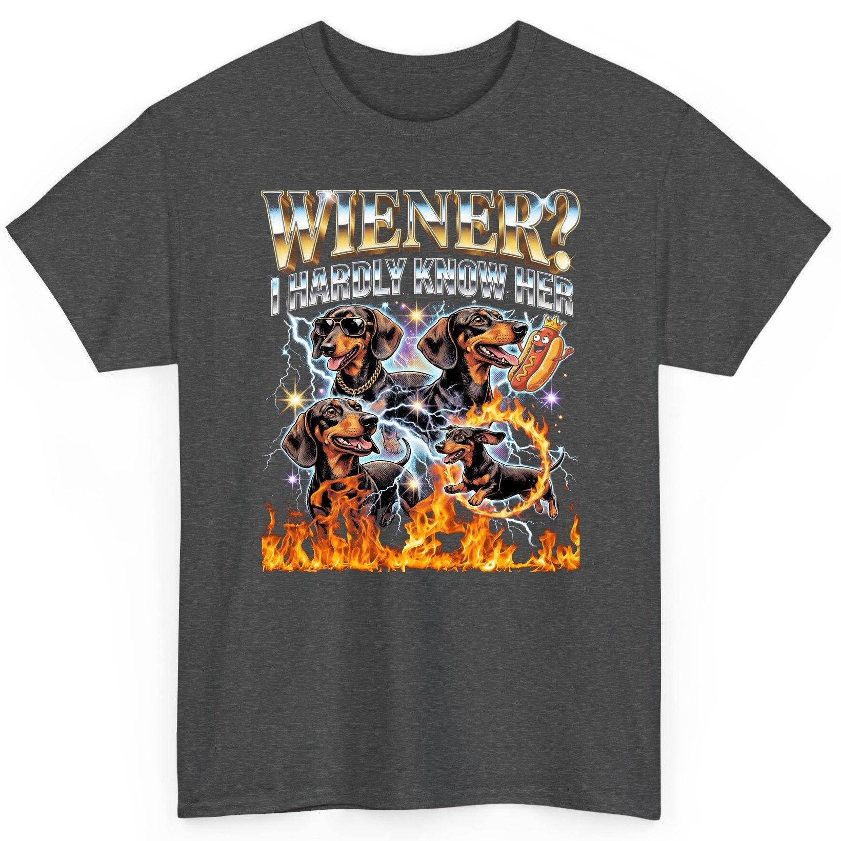 Wiener I Hardly Know Her dachshund T-Shirt Dark Heather product mockup