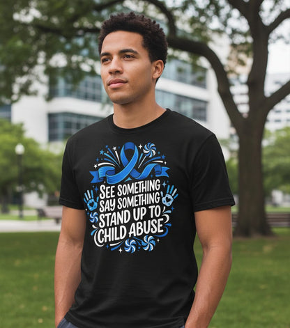 See Something Say Something Stand Up to Child Abuse Youth T-Shirt - lifestyle model mockup - Black
