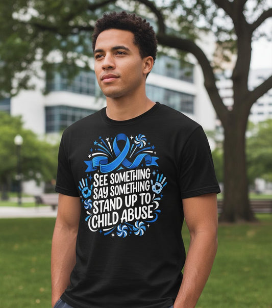See Something Say Something Stand Up to Child Abuse Youth T-Shirt - lifestyle model mockup - Black