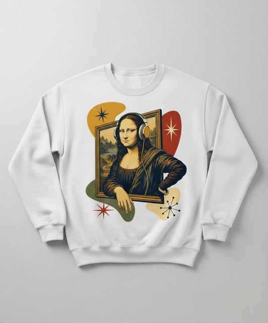 Mona Lisa Listening Retro Art Funny Parody Sweatshirt - product mockup - White