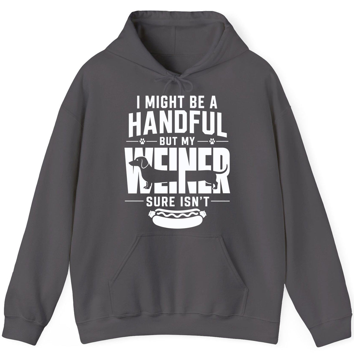 I Might Be a Handful but My Weiner Sure Isn't dachshund Hoodie Charcoal product mockup