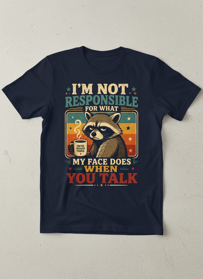 I'm Not Responsible for What My Face Does When You Talk Funny Sarcastic Raccoon T-Shirt - product mockup - Navy
