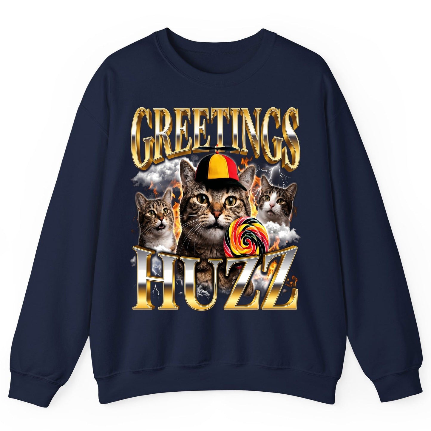 Greetings HUZZ Funny Cats Sweatshirt - product mockup - Navy