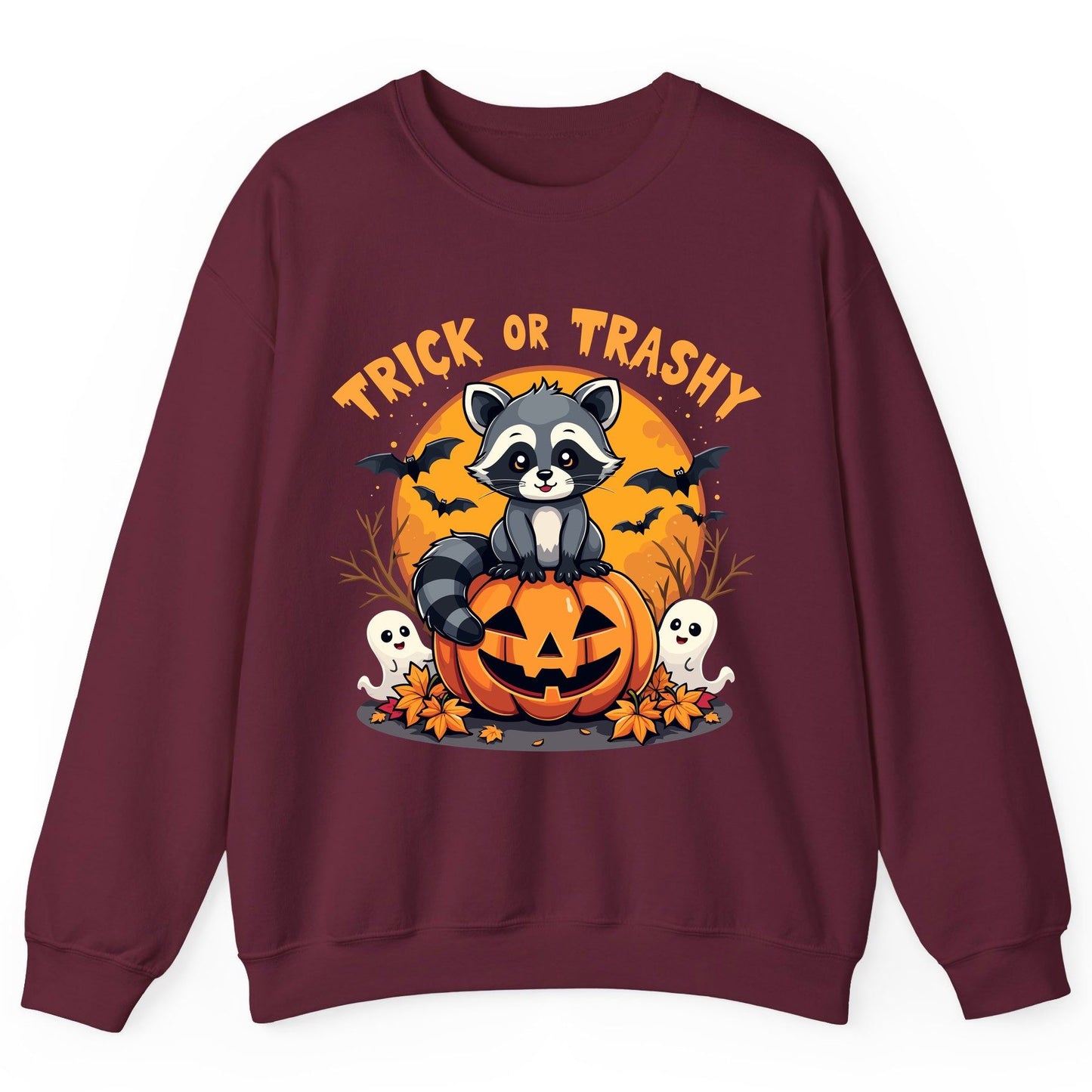 Trick or Trashy raccoon Sweatshirt Maroon product mockup