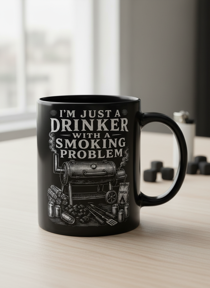 I'M JUST A DRINKER WITH A SMOKING PROBLEM Funny Drinker With A Smoking Problem BBQ Black Mug - product mockup - Black