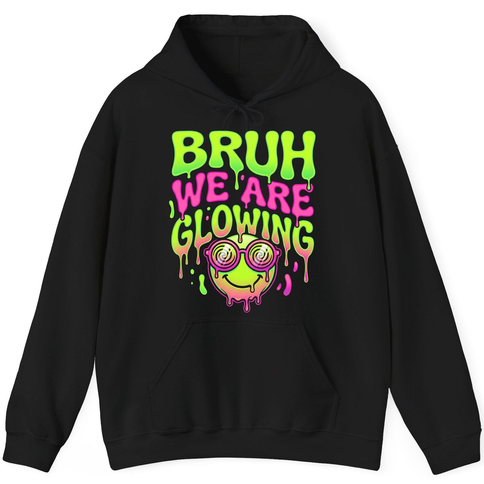 Bruh We Are Glowing rave culture Hoodie Black product mockup