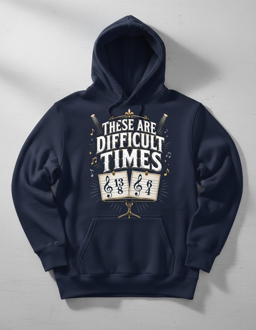 THESE ARE Difficult TIMES Funny Music Humor Hoodie - product mockup - Navy