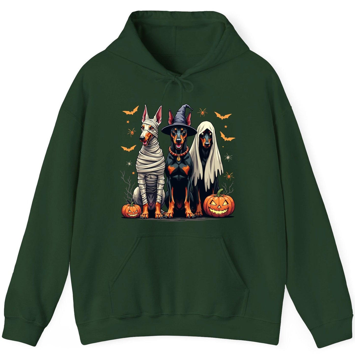 Halloween Doberman Trio doberman pinscher Hoodie Forest Green product mockup