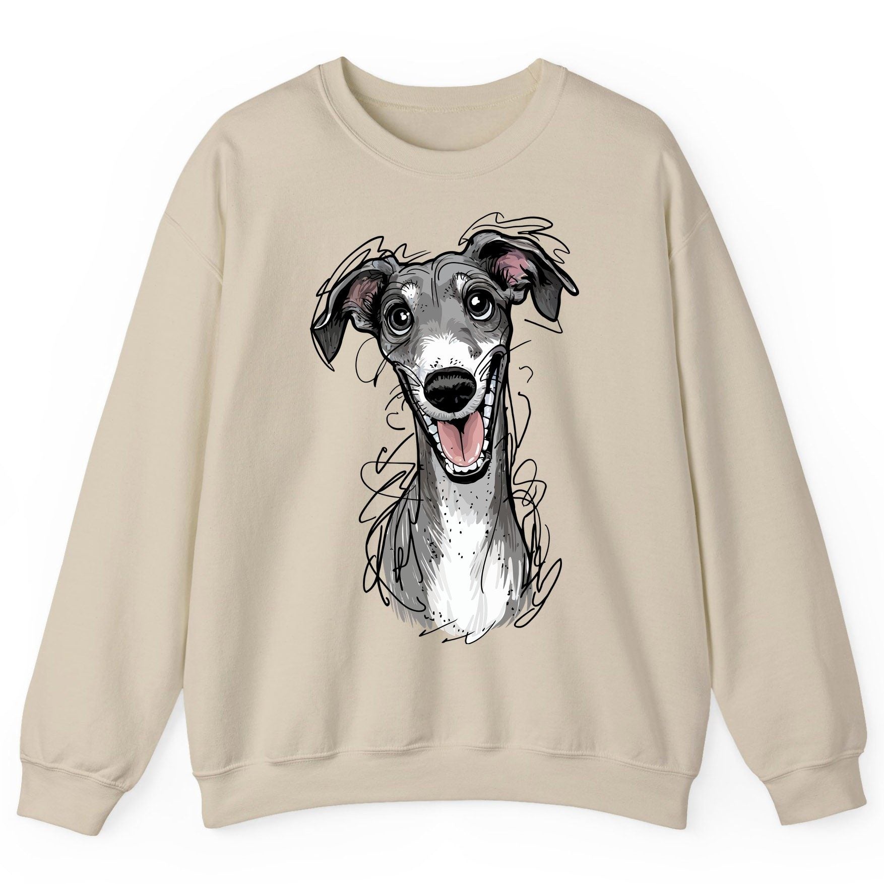 Smiling Greyhound Caricature greyhound Sweatshirt Sand product mockup