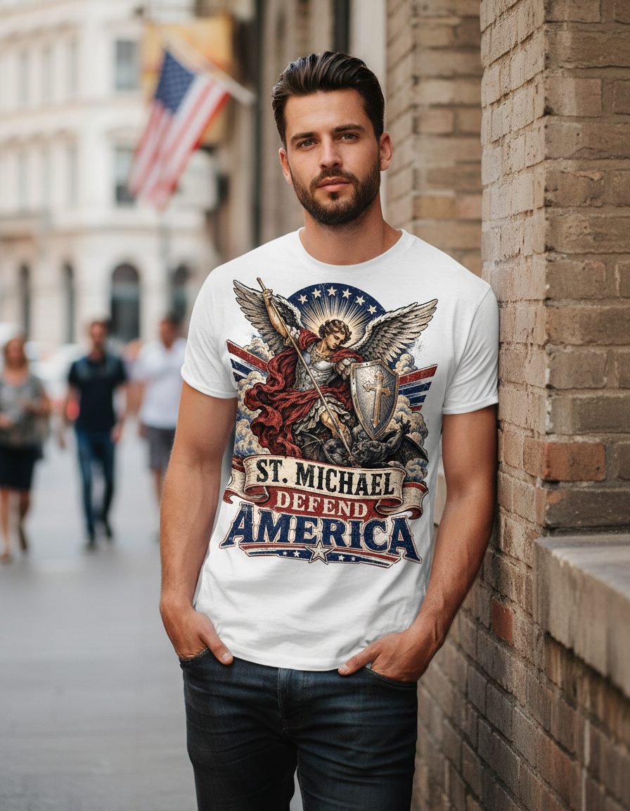 St Michael Defend America Vintage Patriotic Christian T-Shirt - lifestyle model mockup - White