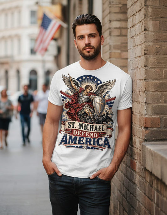 St Michael Defend America Vintage Patriotic Christian T-Shirt - lifestyle model mockup - White
