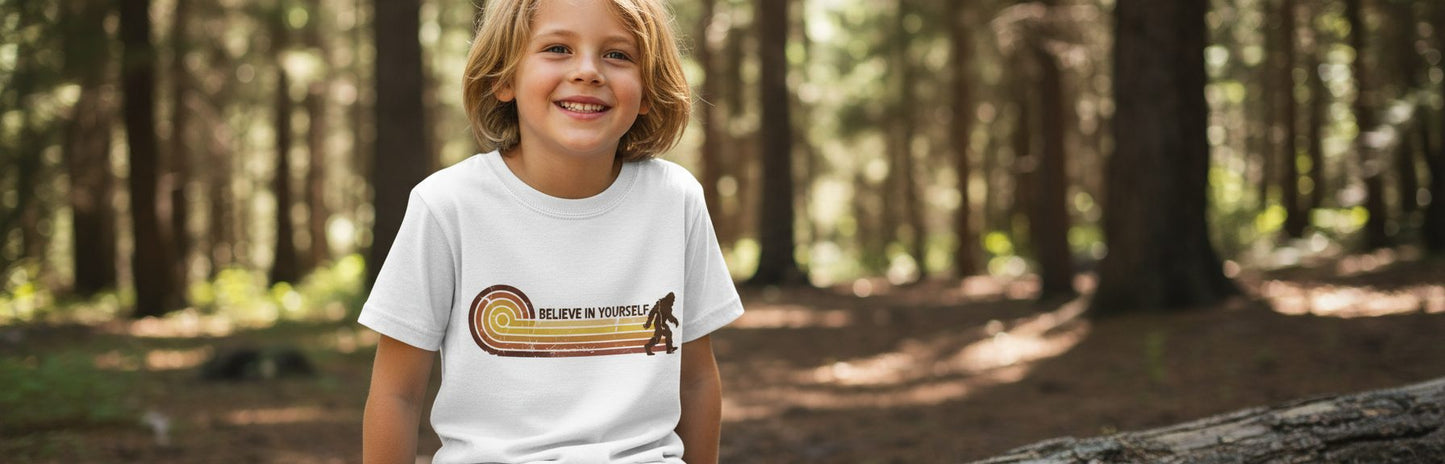 Believe in Yourself bigfoot Youth T-Shirt White lifestyle mockup