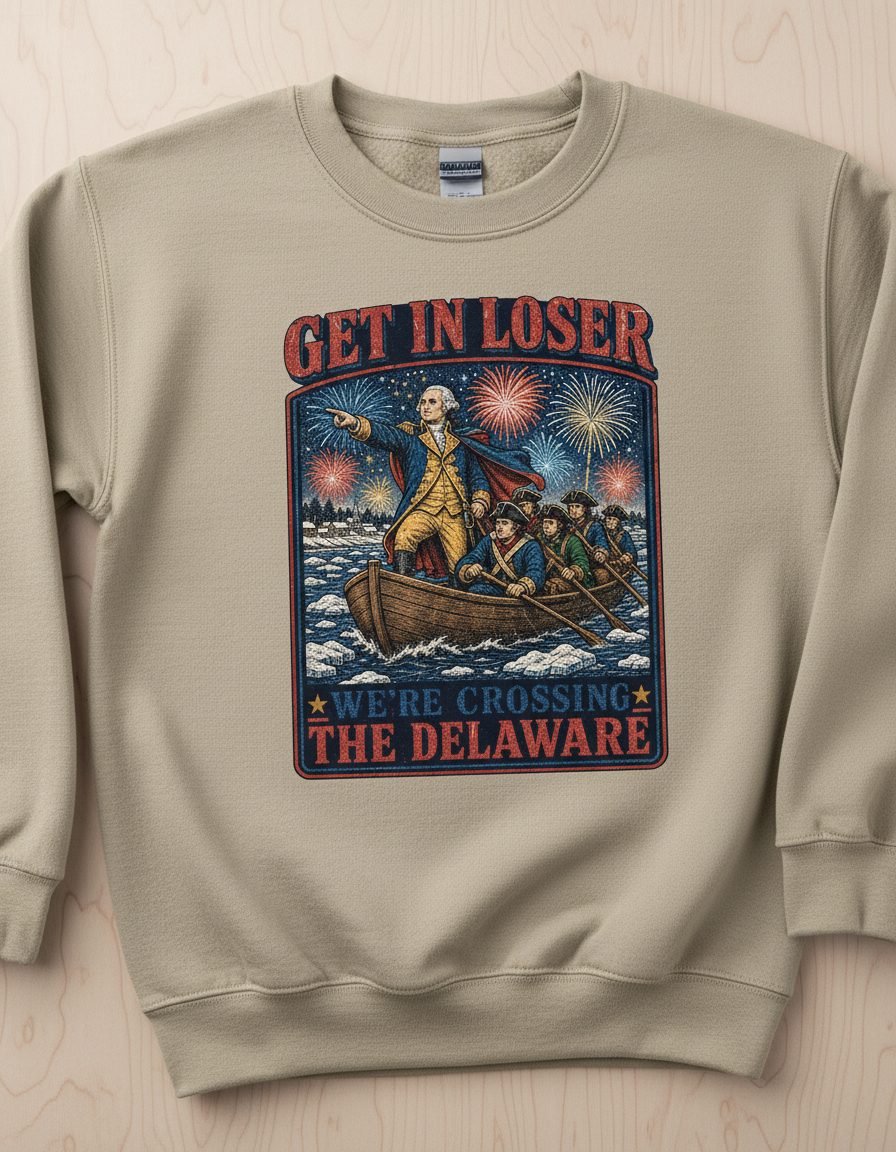 Get in Loser We're Crossing the Delaware Sweatshirt - product mockup - Sand