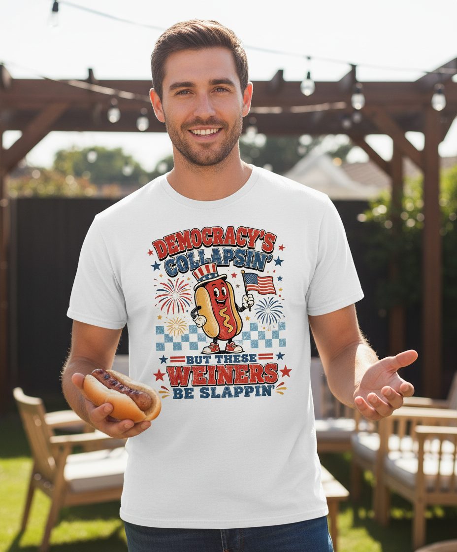 Democracy's Collapsin' but These Weiners Be Slappin' Funny 4th T-Shirt - lifestyle model mockup - White