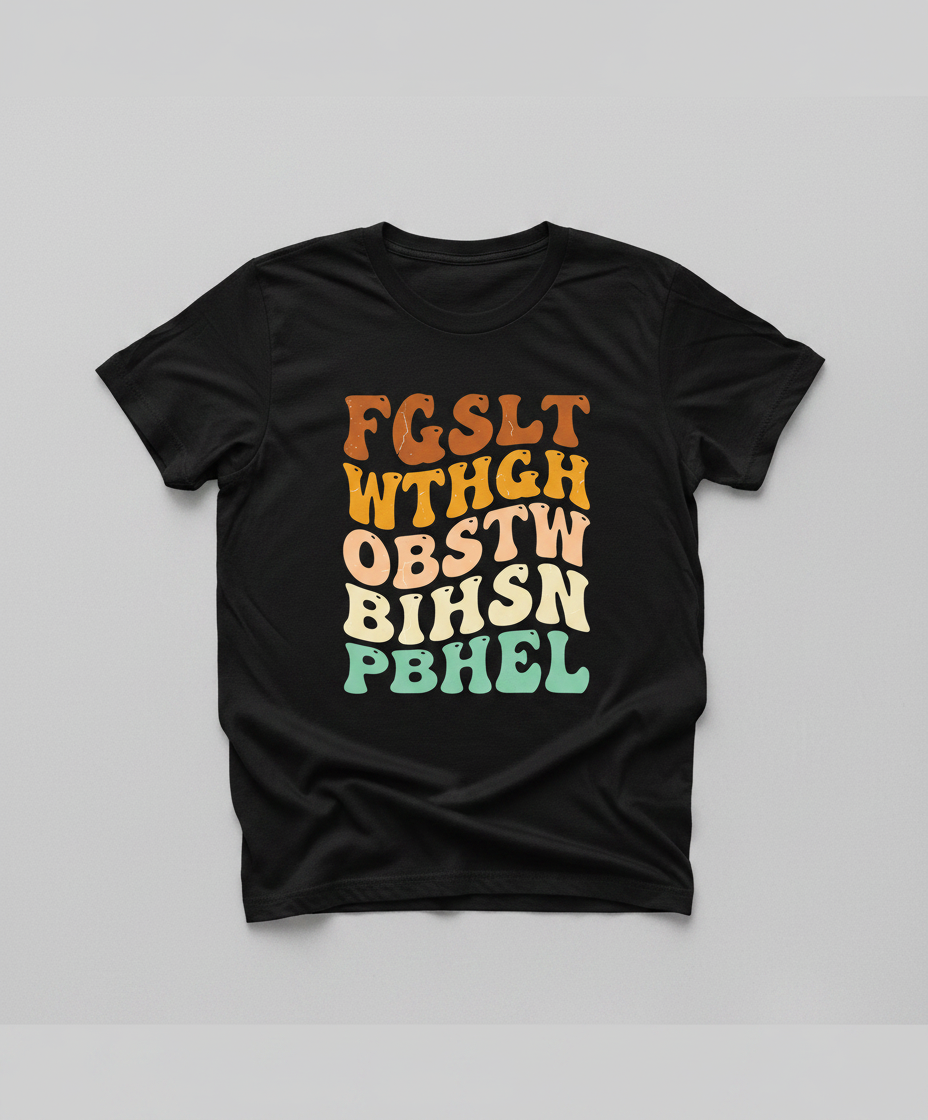 Retro 70s Groovy Wavy Alphabet Design T-Shirt - Black
