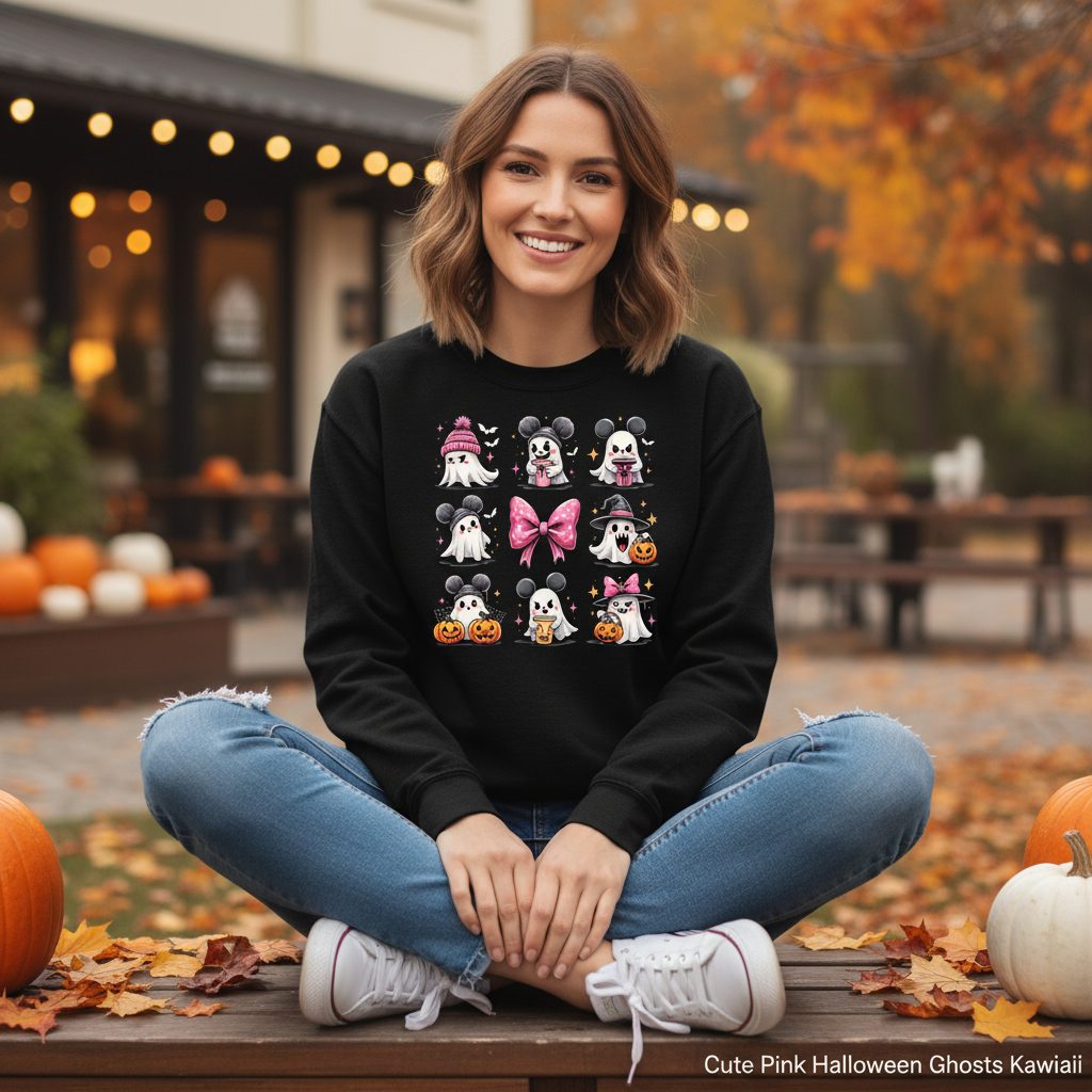 Cute Pink Halloween Ghosts Halloween ghosts Sweatshirt Black lifestyle mockup