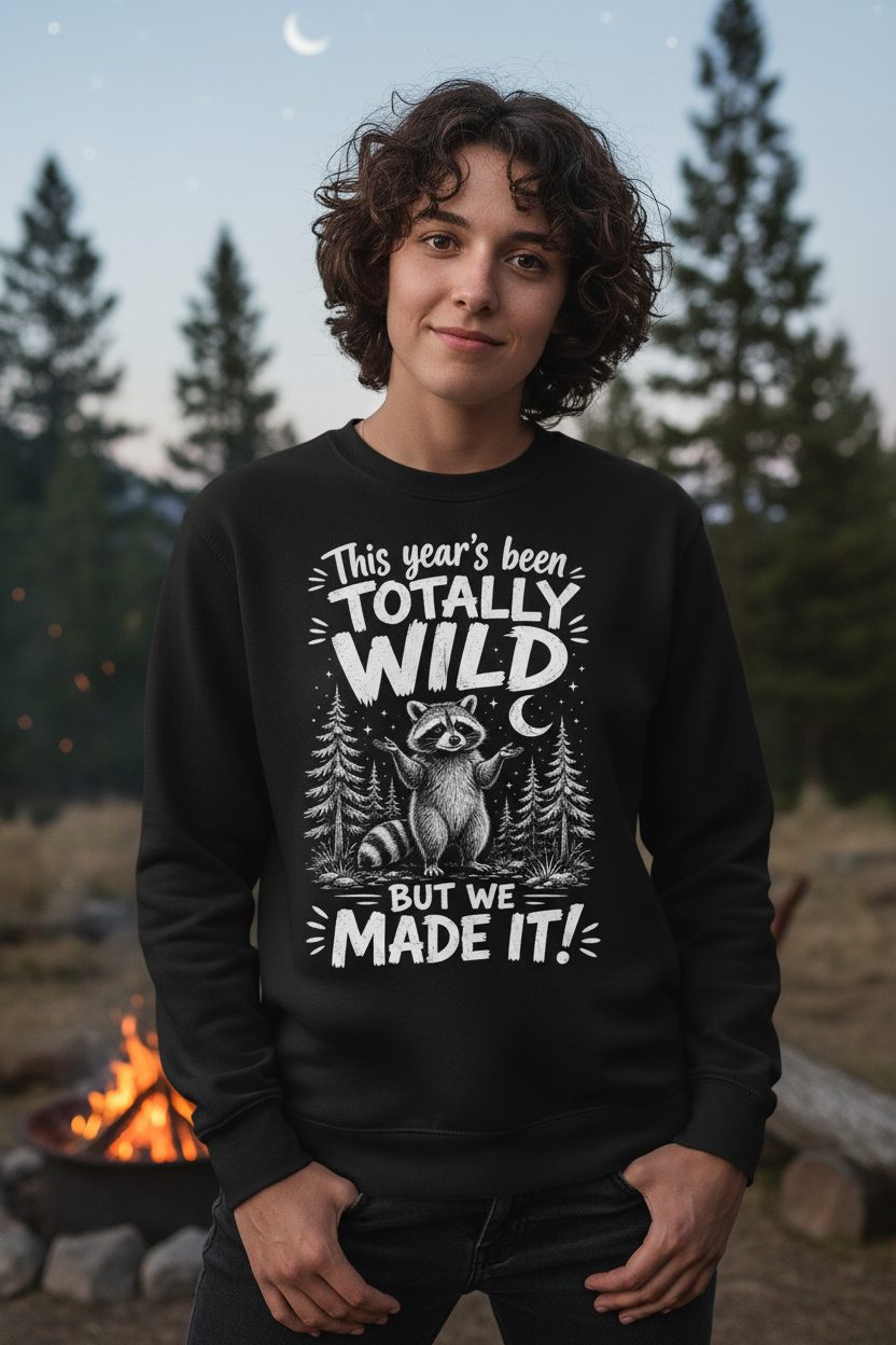 Totally Wild Year Raccoon Funny People Sense of Humor Sweatshirt - lifestyle model mockup - Black