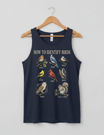 How to Identify Birds Funny Birdwatching Tank Top - product mockup - Navy