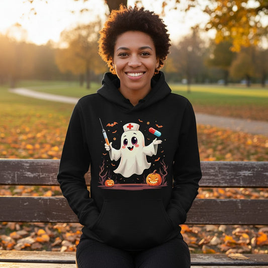 Cute Ghost Nurse Halloween ghost nurse Hoodie Black lifestyle mockup