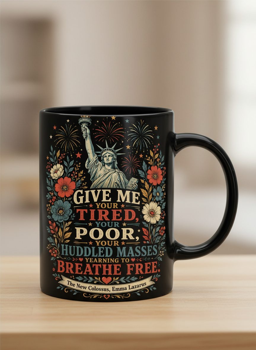 Breathe Free Patriotic Statue Liberty Vintage Americans Black Mug - product mockup - Black