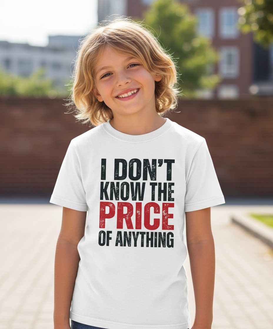 I DON'T KNOW THE PRICE OF Anything Funny Sarcastic Humor Youth T-Shirt - lifestyle model mockup - White
