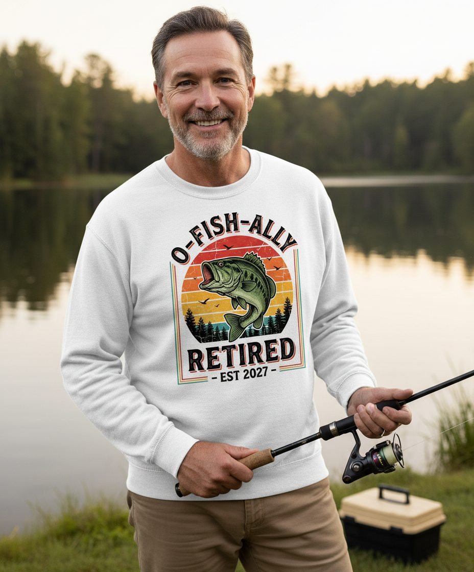 O-Fish-Ally Retired EST 2027 Funny Fishing Sweatshirt - lifestyle model mockup - White