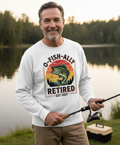 O-Fish-Ally Retired EST 2027 Funny Fishing Sweatshirt - lifestyle model mockup - White
