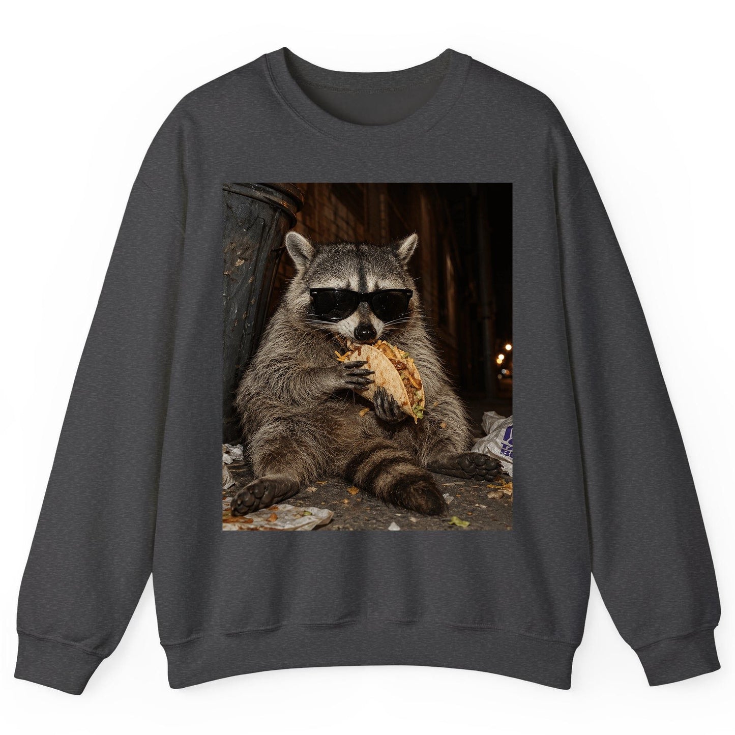 Raccoon Eating Taco Funny Animal Lovers Sweatshirt - product mockup - Dark Heather