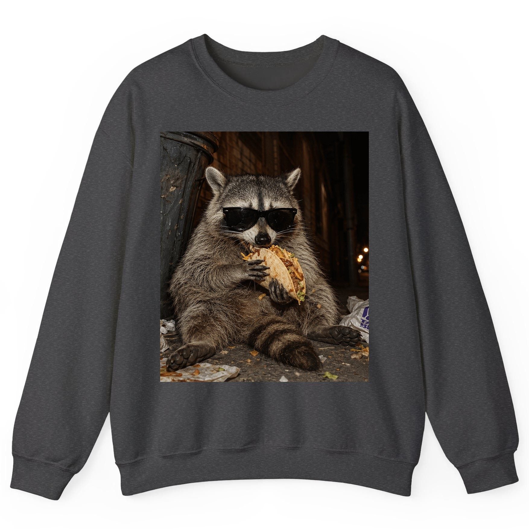 Raccoon Eating Taco Funny Animal Lovers Sweatshirt - product mockup - Dark Heather