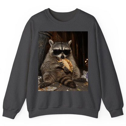 Raccoon Eating Taco Funny Animal Lovers Sweatshirt - product mockup - Dark Heather