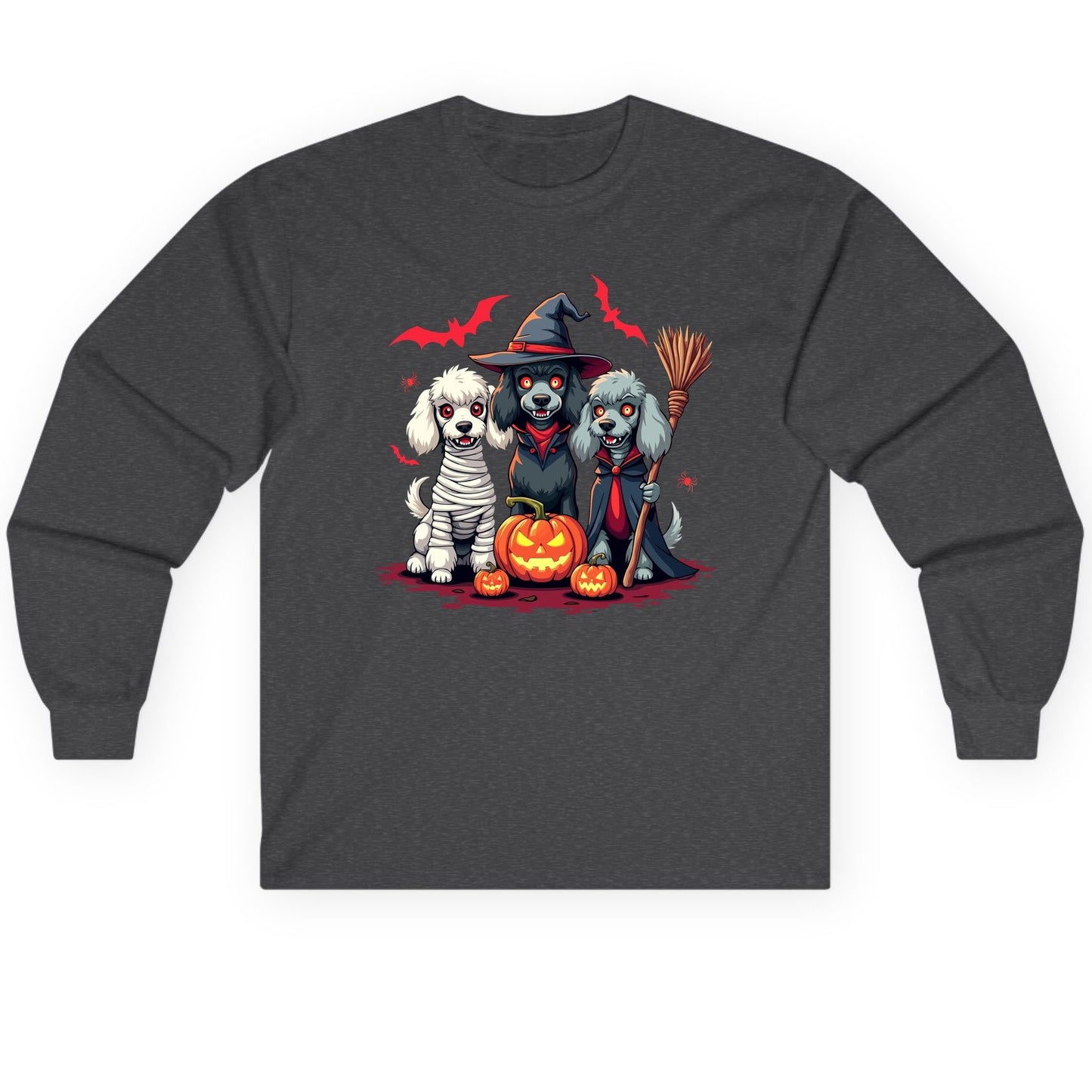 Spooky Poodle Trio Halloween dogs Long Sleeve Tee Dark Heather product mockup