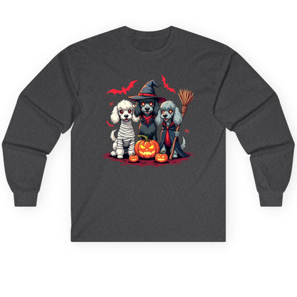 Spooky Poodle Trio Halloween dogs Long Sleeve Tee Dark Heather product mockup