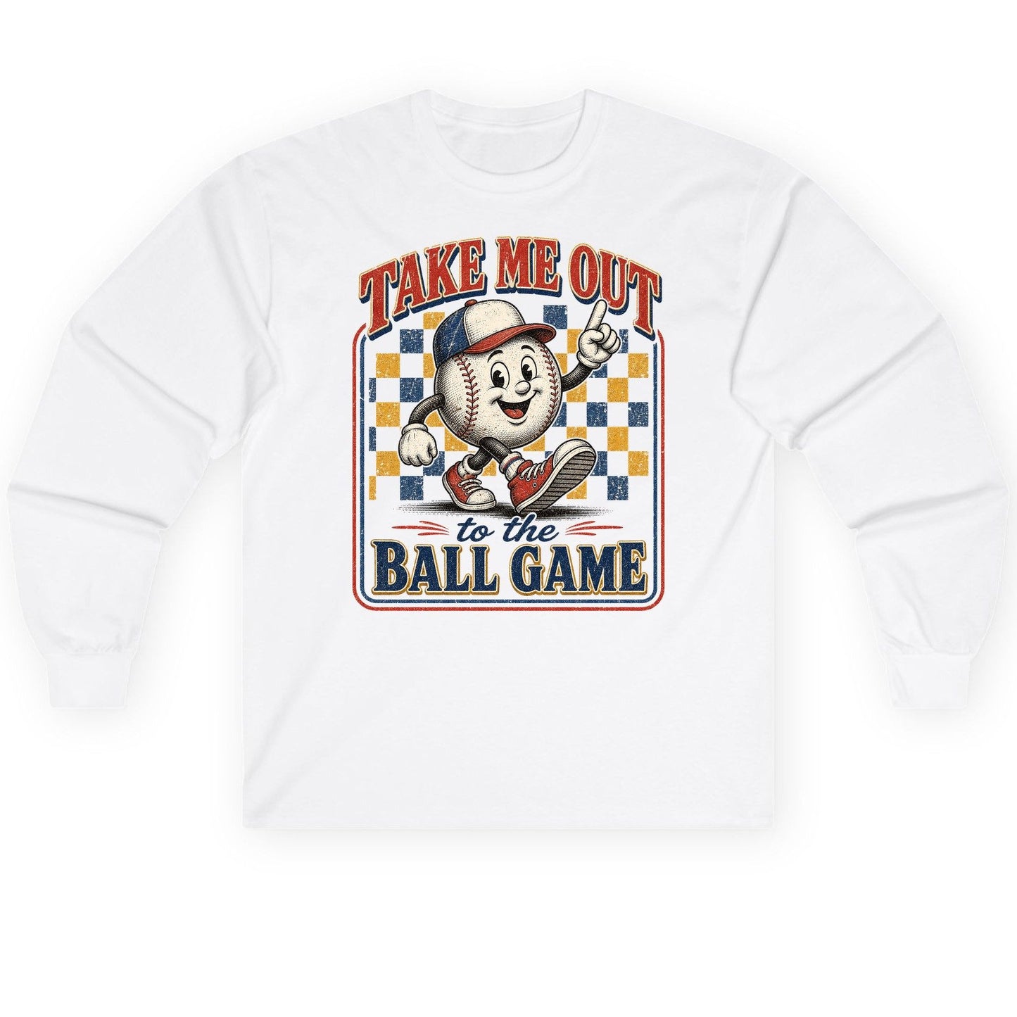 Take Me Out to the Ball Game Retro Baseball Long Sleeve Tee - product mockup - White