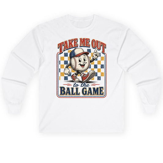Take Me Out to the Ball Game Retro Baseball Long Sleeve Tee - product mockup - White