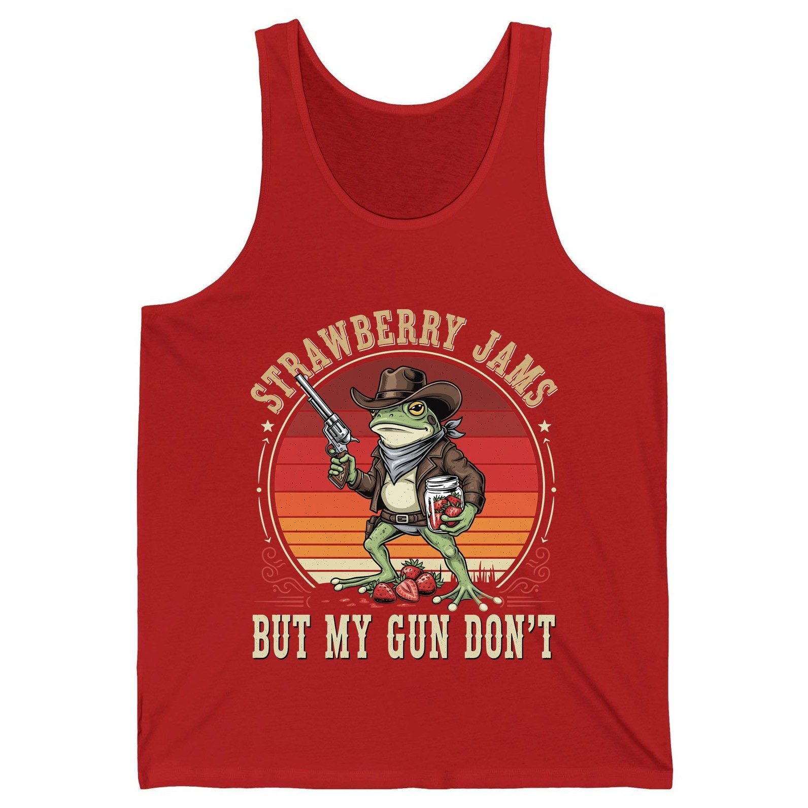 Strawberry Jams but My Gun Don't cowboy frog Tank Top Red product mockup