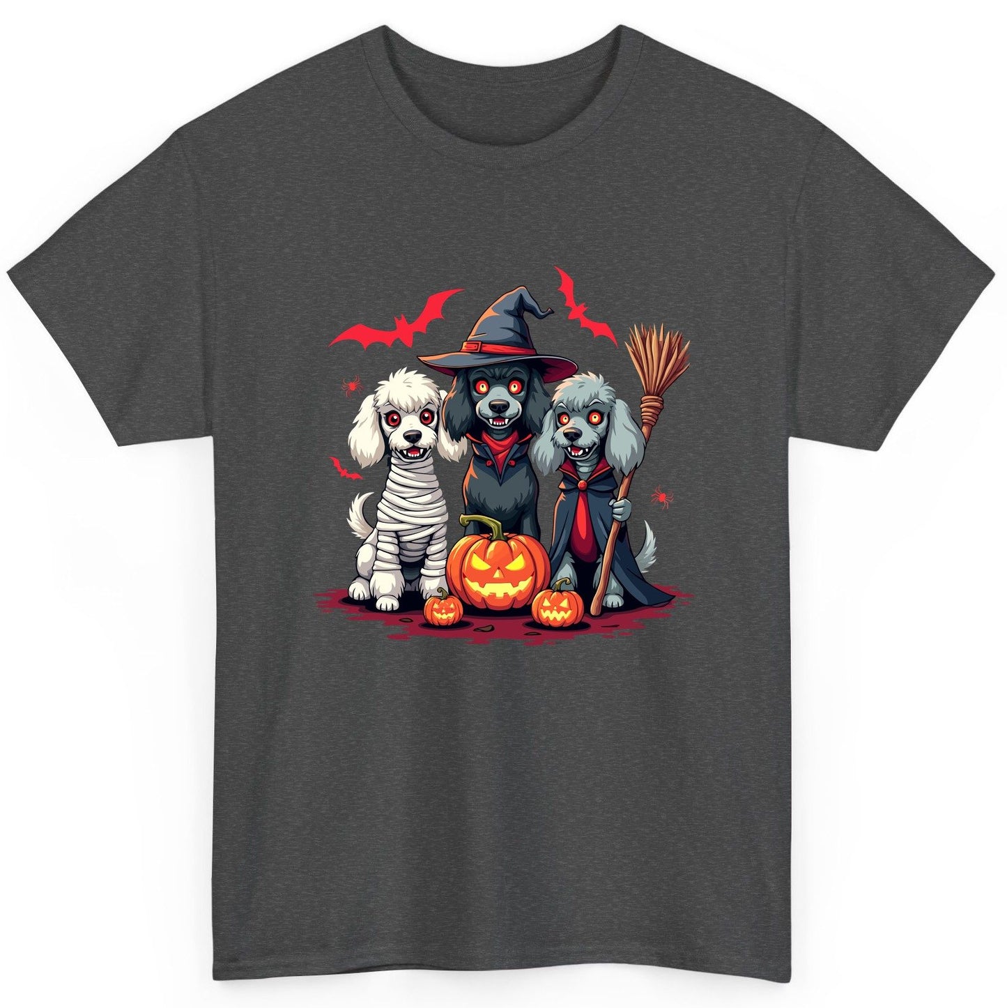 Spooky Poodle Trio Halloween dogs T-Shirt Dark Heather product mockup