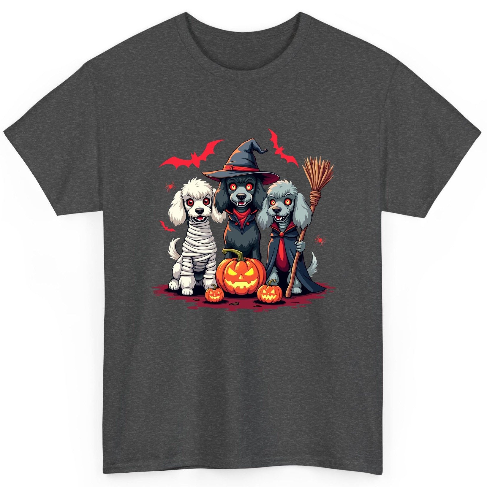 Spooky Poodle Trio Halloween dogs T-Shirt Dark Heather product mockup