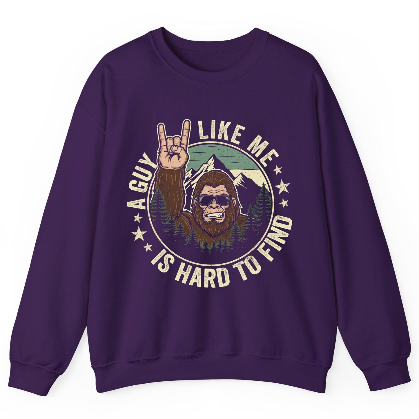 A Guy Like Me Is Hard to Find bigfoot Sweatshirt Purple product mockup