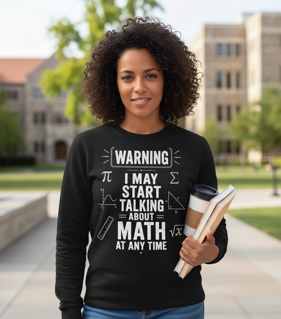 Warning I May Start Talking About Math at Any Time Funny Teachers Sweatshirt - lifestyle model mockup - Black