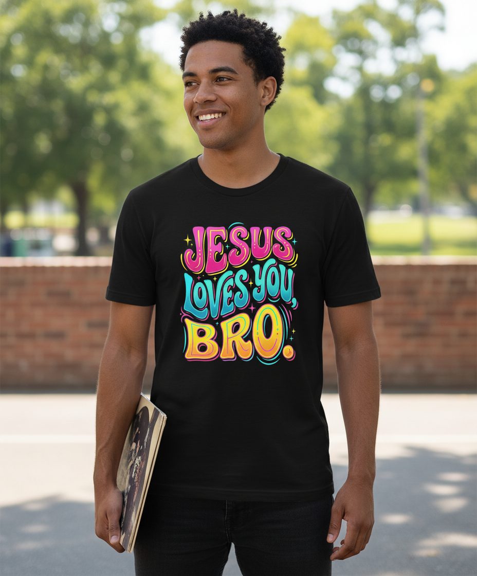 JESUS LOVES YOU BRO Retro Christian T-Shirt - lifestyle model mockup - Black