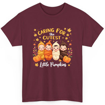 Caring for the Cutest Little Pumpkins swaddled babies T-Shirt Maroon product mockup