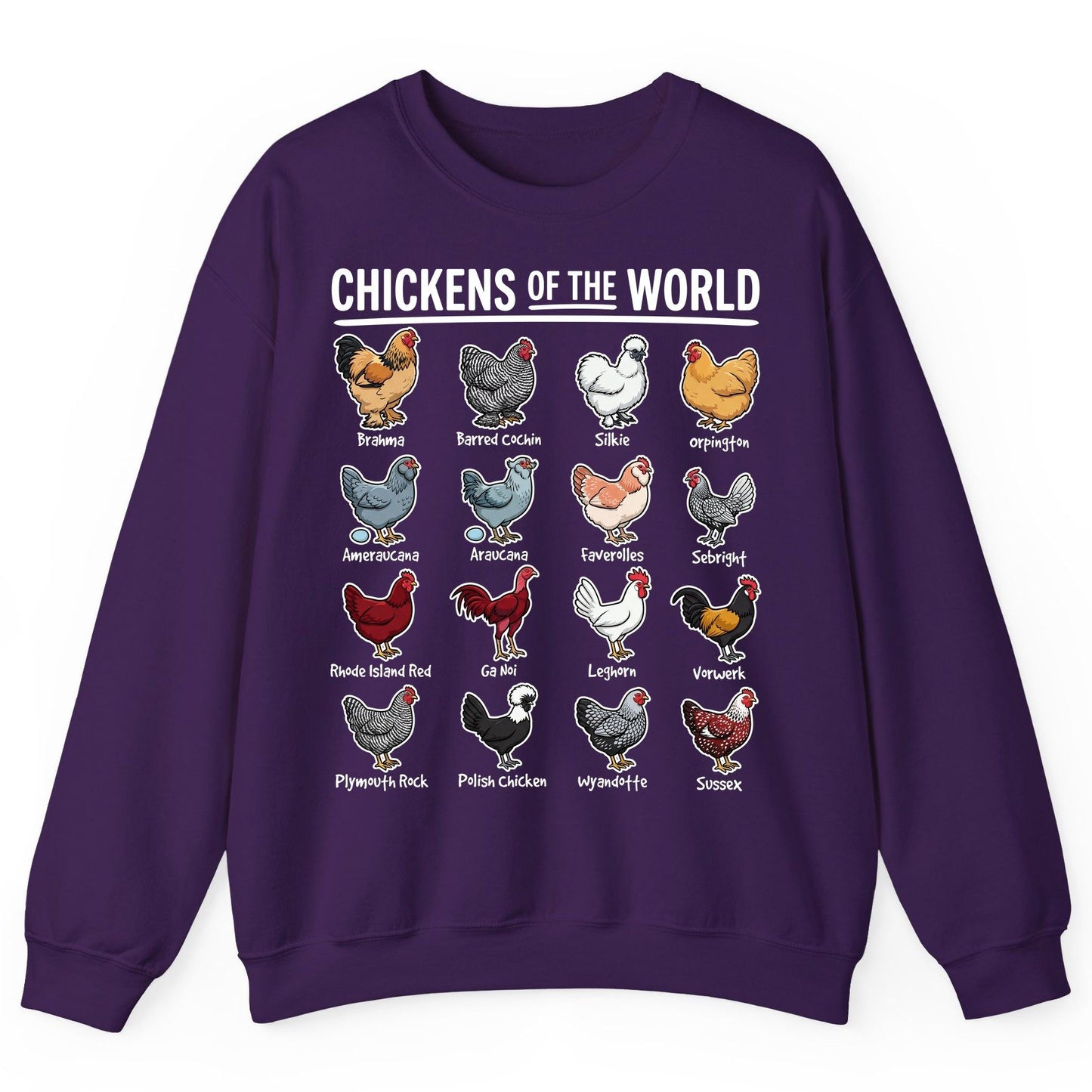 Chickens of the World chicken breeds Sweatshirt Purple product mockup