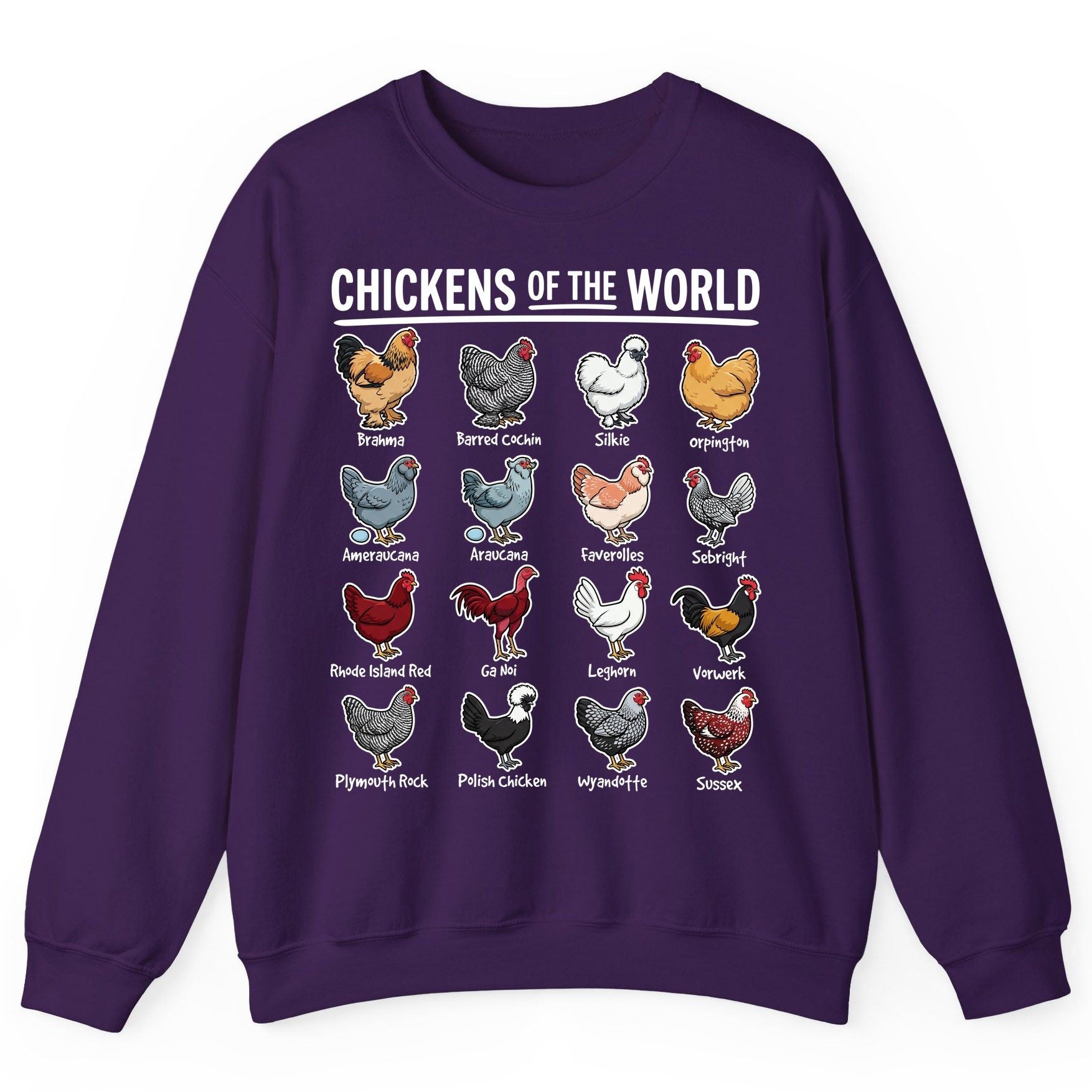 Chickens of the World chicken breeds Sweatshirt Purple product mockup