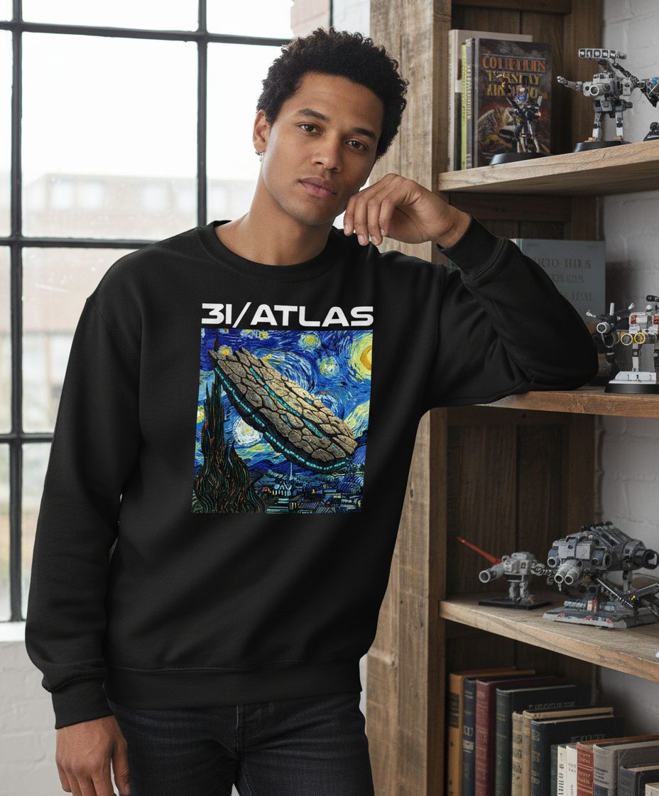 31 Atlas van gogh sci-fi mashup Sweatshirt Black lifestyle mockup