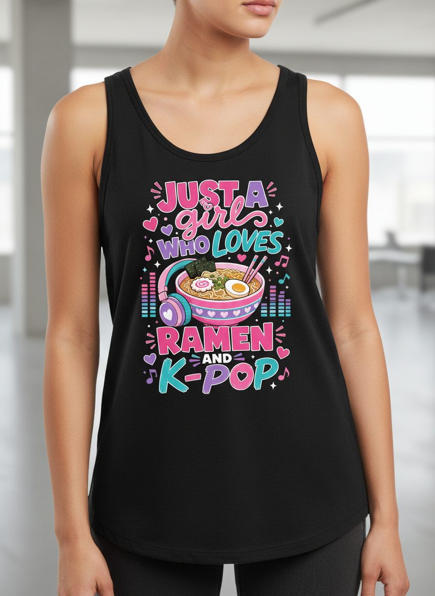 Just a Girl Who Loves Ramen and K-Pop and Ramen Tank Top - product mockup - Black