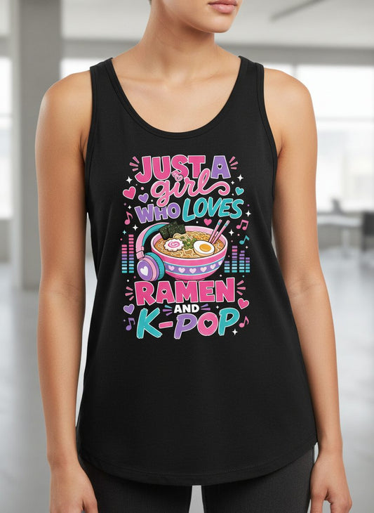 Just a Girl Who Loves Ramen and K-Pop and Ramen Tank Top - product mockup - Black